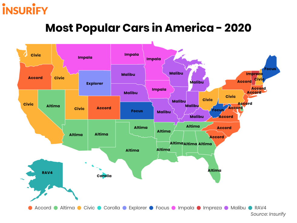 Most Popular Cars in America state map