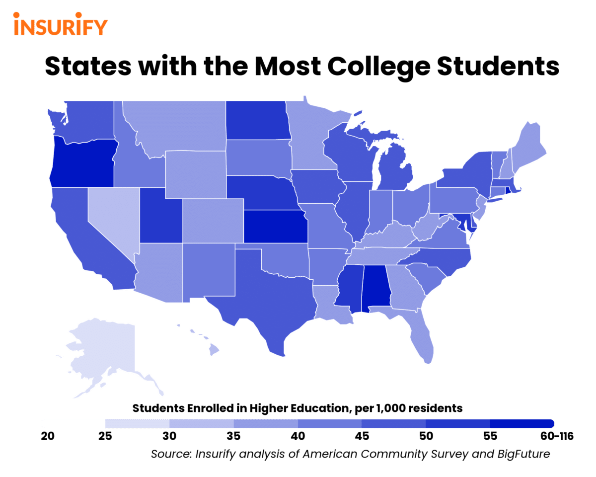 Heat map of the concentration of college students in each state in the U.S.