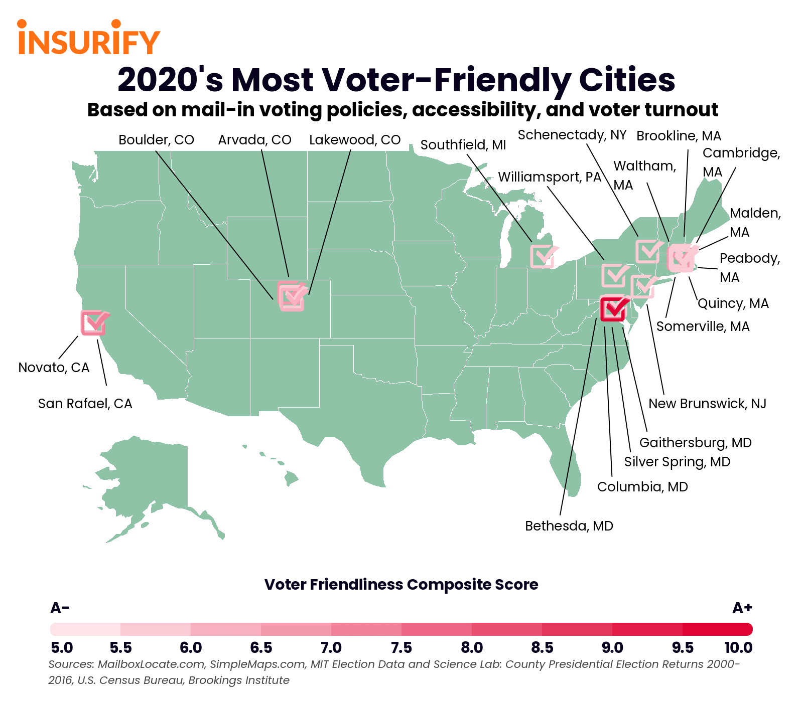Icon map showing the best cities for voting in 2020 based on mail-in voting policies, accessibility, and voter turnout.
