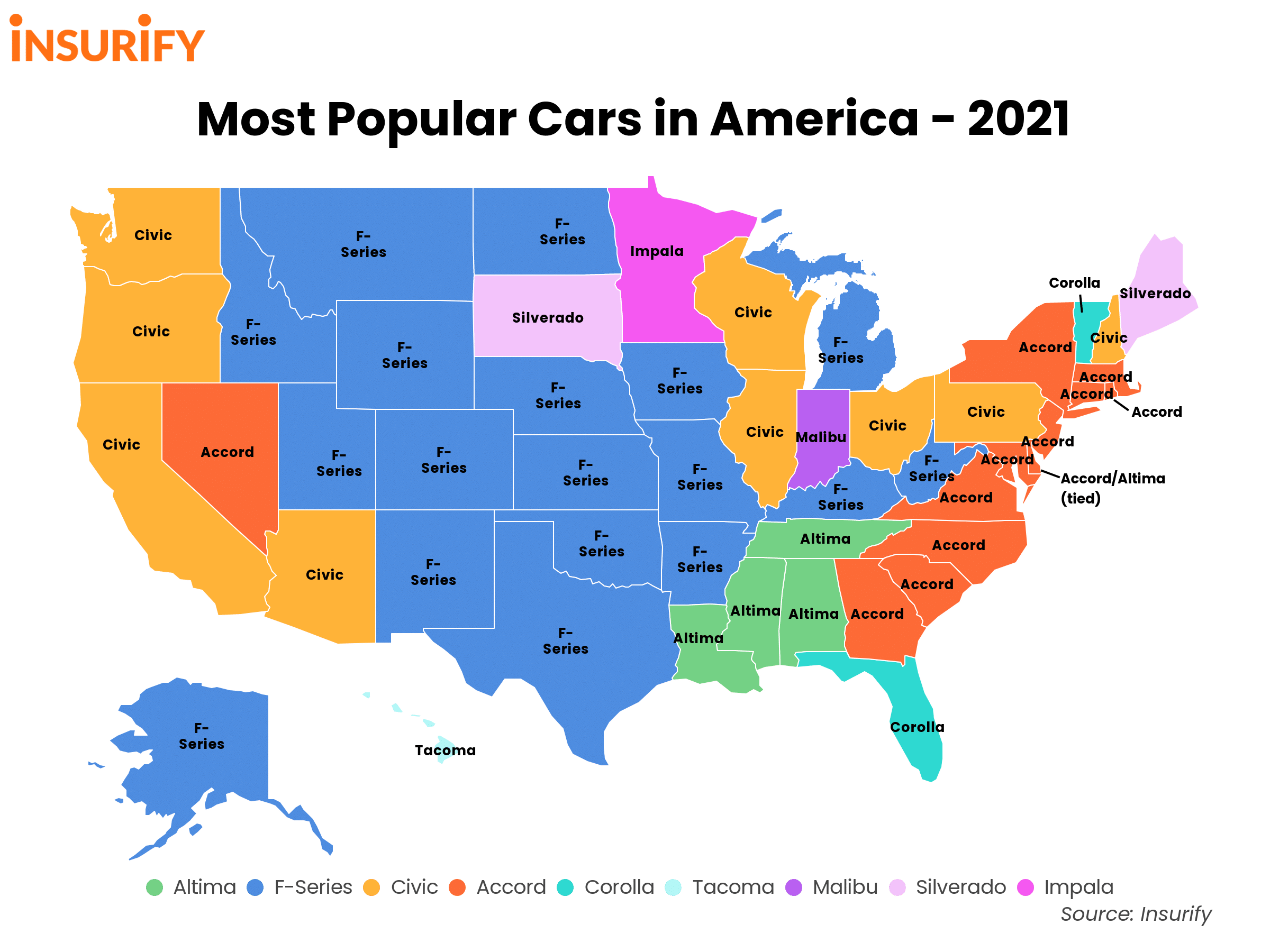 Color map indicating the most popular car model for each state in 2021.