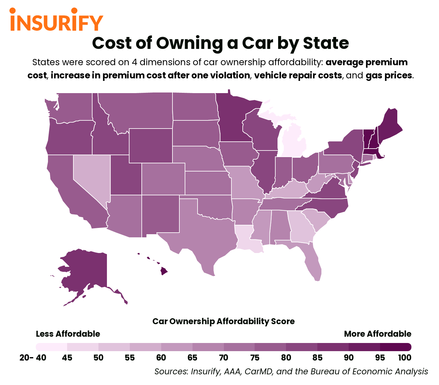 Heat map showing car ownership affordability by state in 2021.