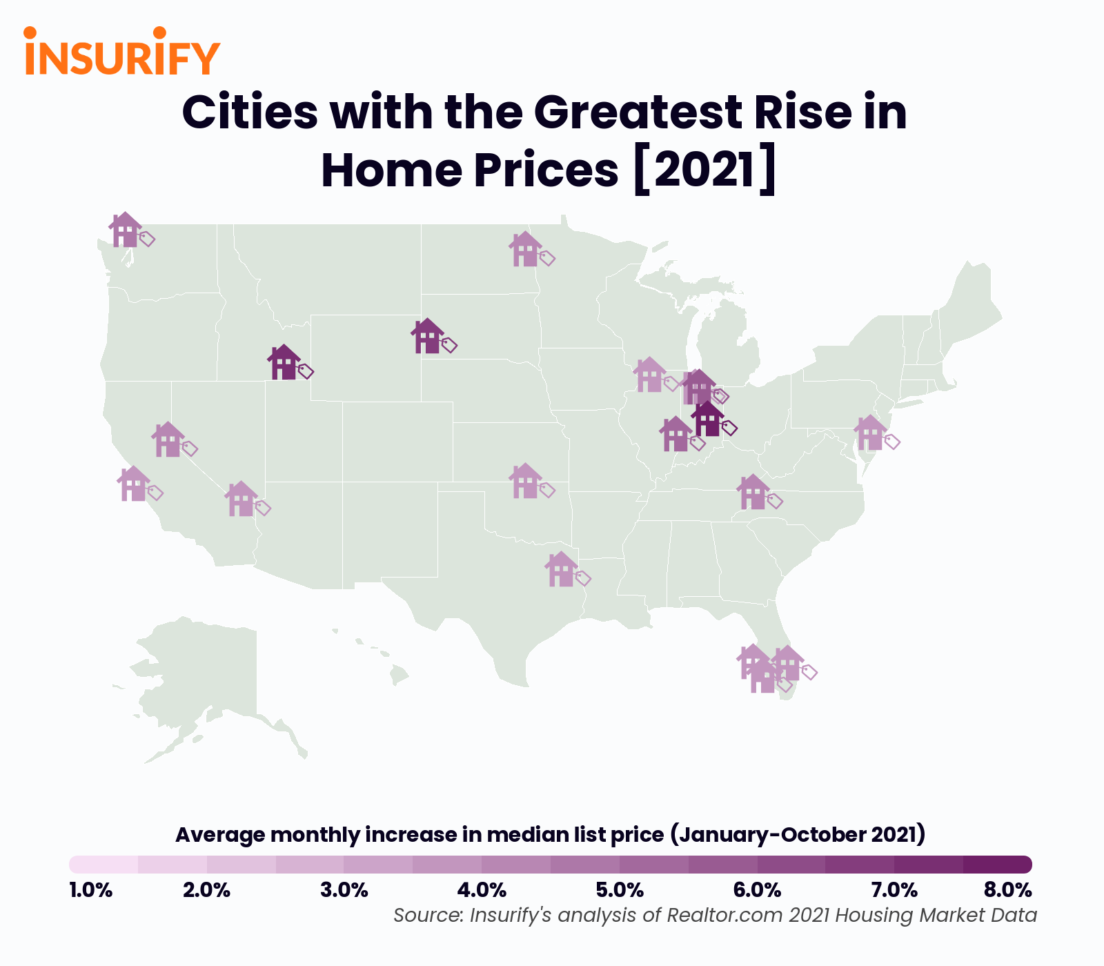 Icon map showing the 20 cities with the greatest monthly increase in house prices in 2021.