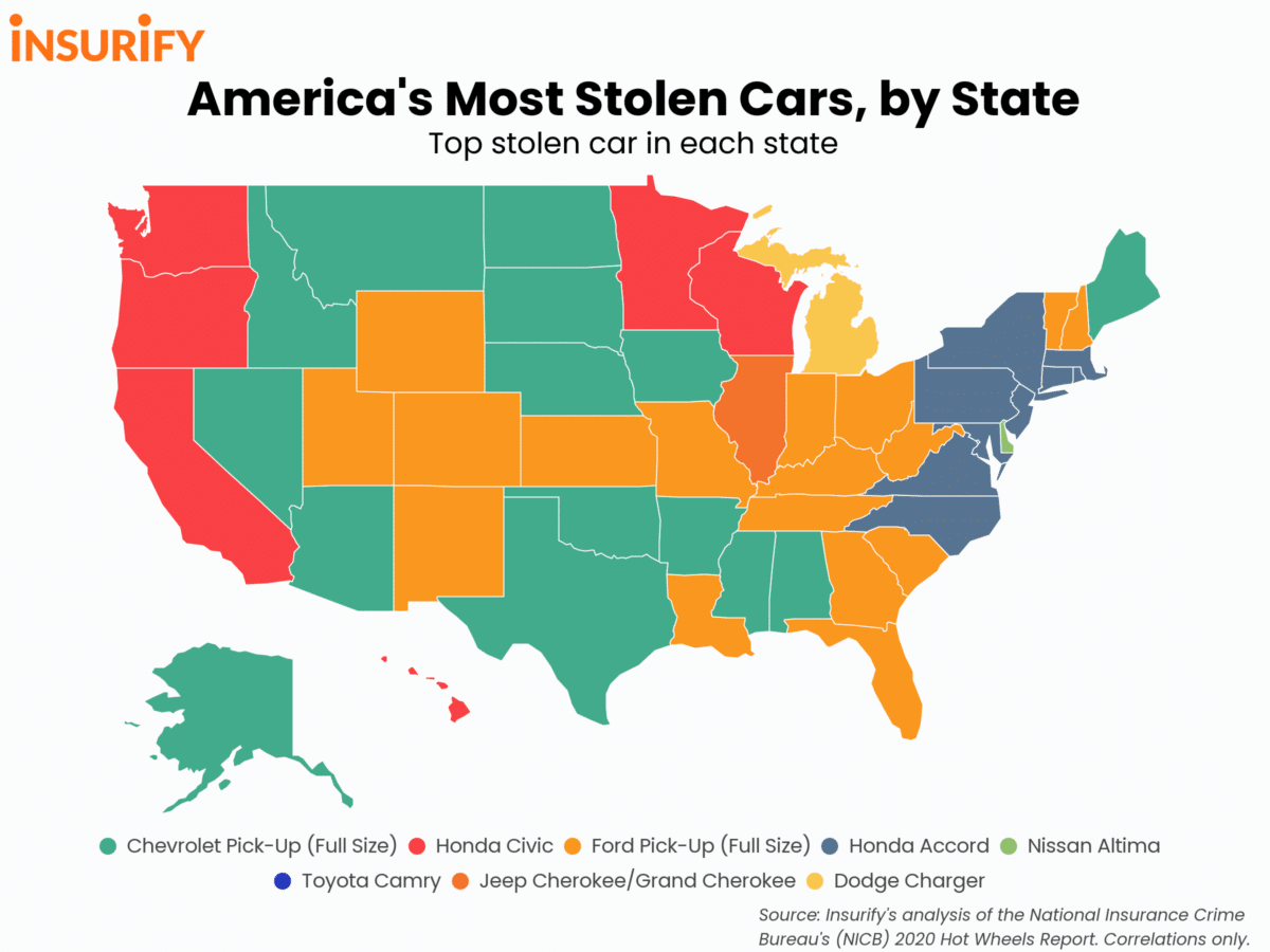 Map of the U.S. showing the most stolen car in each state in 2020.