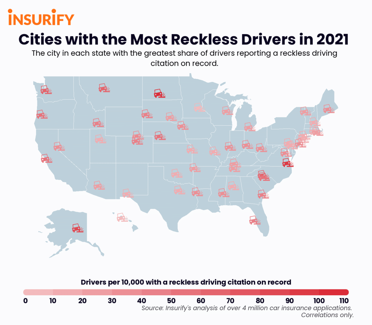 Map of the U.S. showing the city in each state with the highest share of drivers with a reckless driving citation on record
