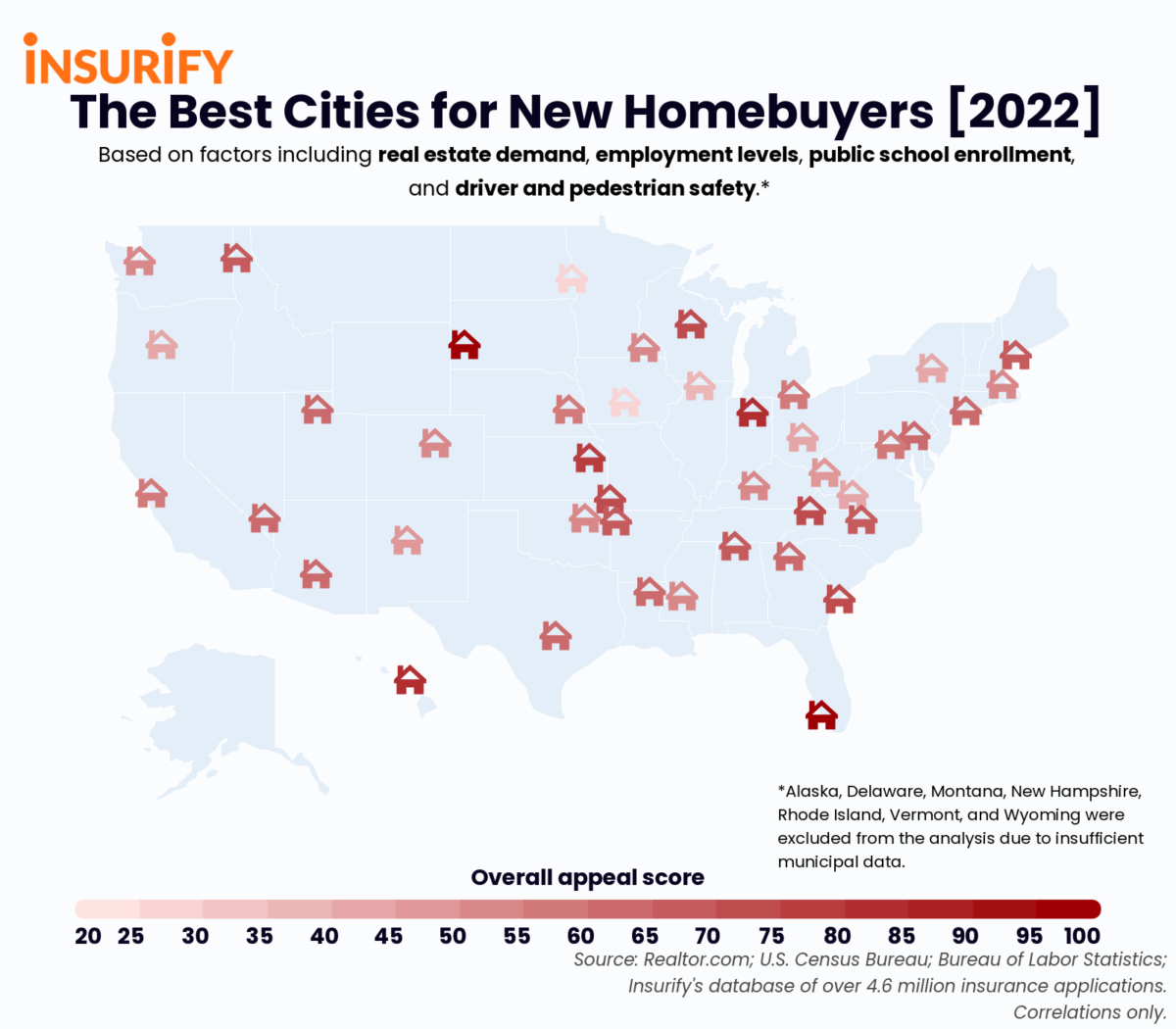 Icon map of the U.S. showing the best city for new homebuyers in every state.