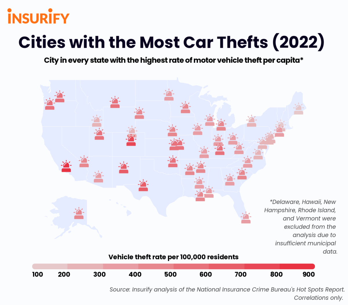 Icon map showing the city in each state with the highest rate of car theft.