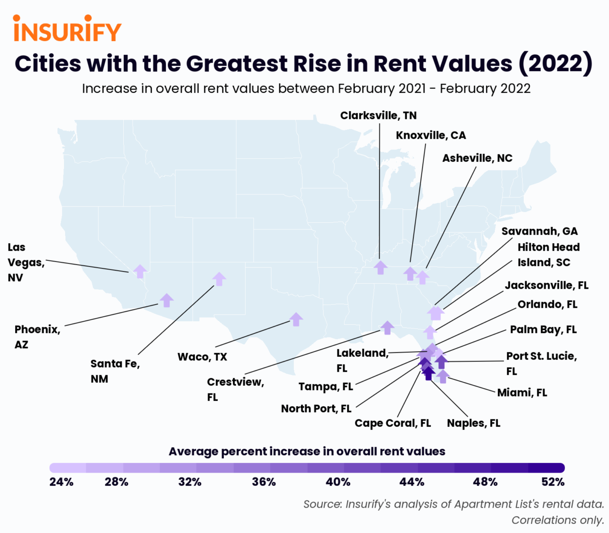 Icon map showing the 20 U.S. cities where rents are rising the most in 2022.