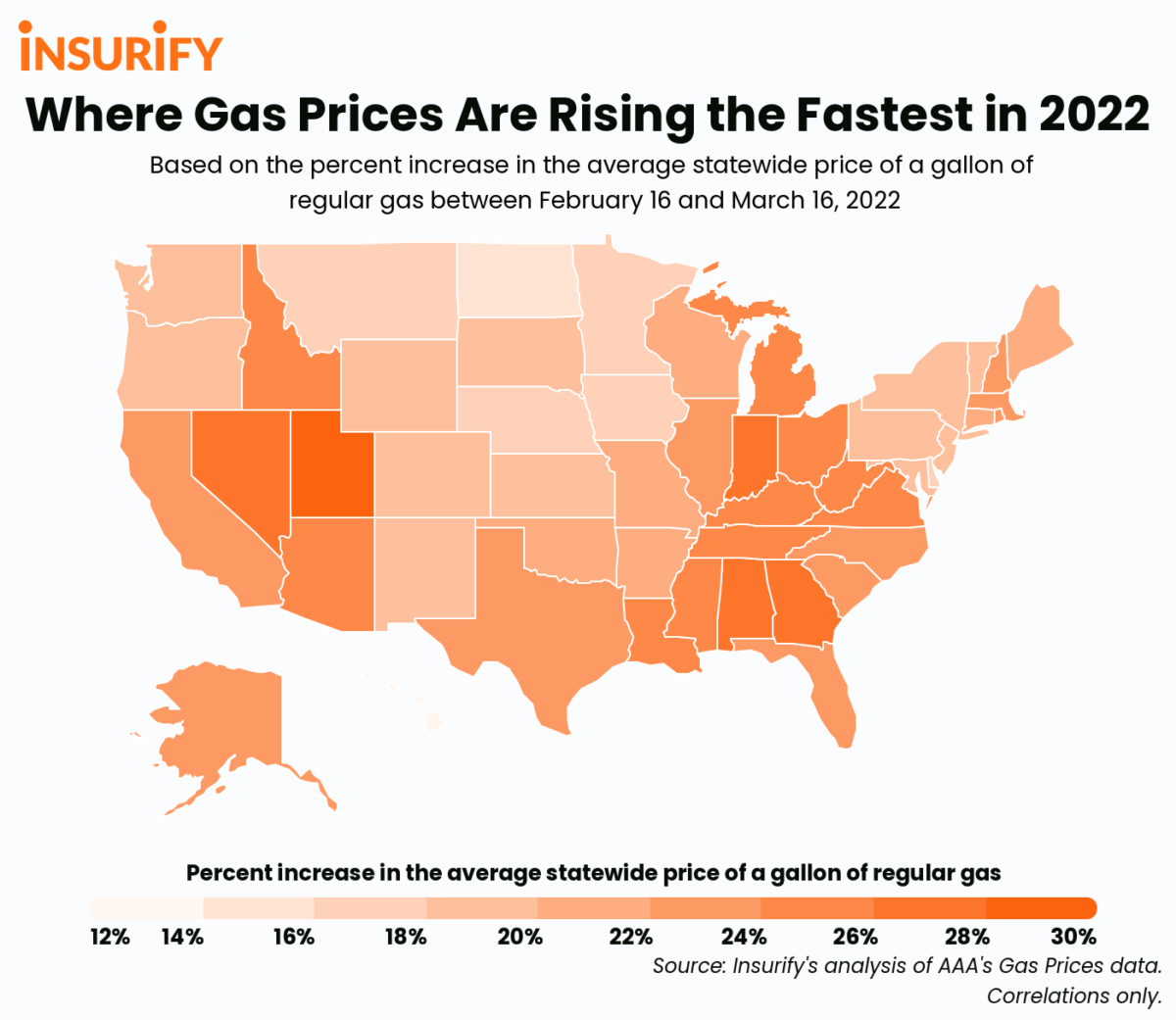 Heat map of US states showing where gas prices are rising the fastest in March 2022.