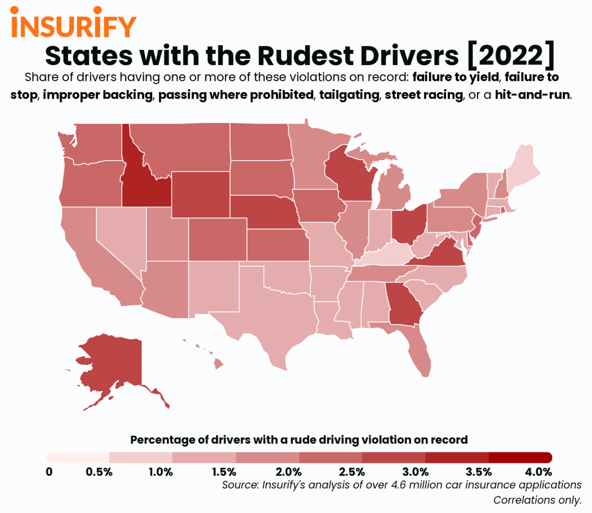 Map of the U.S. showing the rude driving rate in every state.