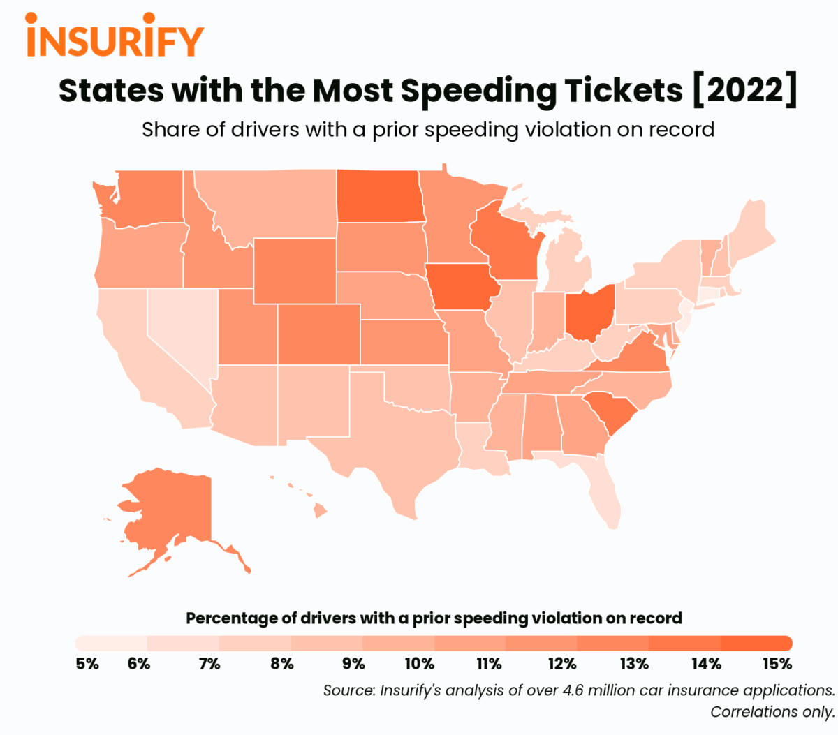 Heat map of the United States showing the states with the most speeding tickets in 2022.